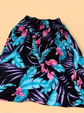 90s Tropical Floral A-Line Skirt in Black, Teal & Pink